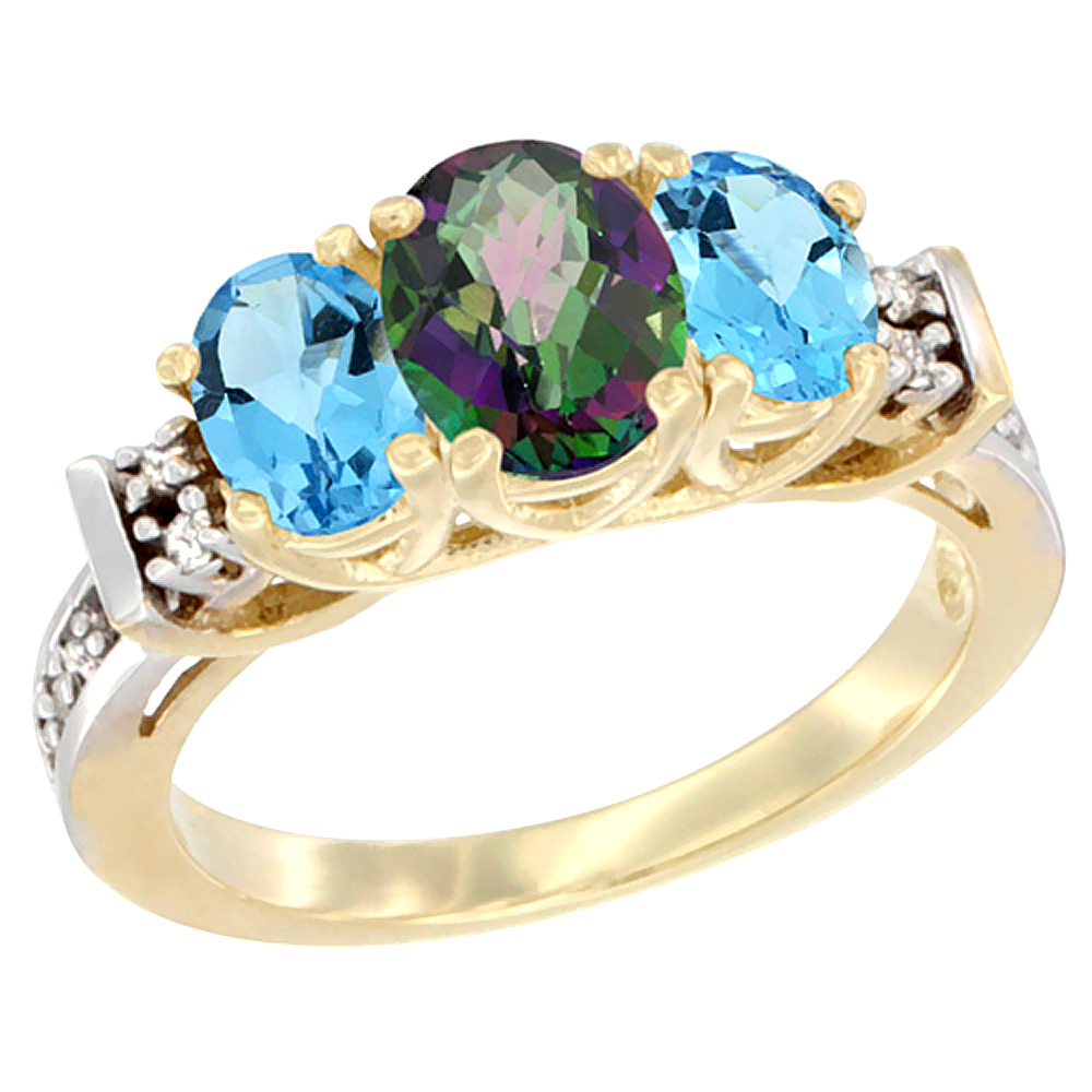 14K Yellow Gold Natural Mystic Topaz & Swiss Blue Topaz Ring 3-Stone Oval Diamond Accent