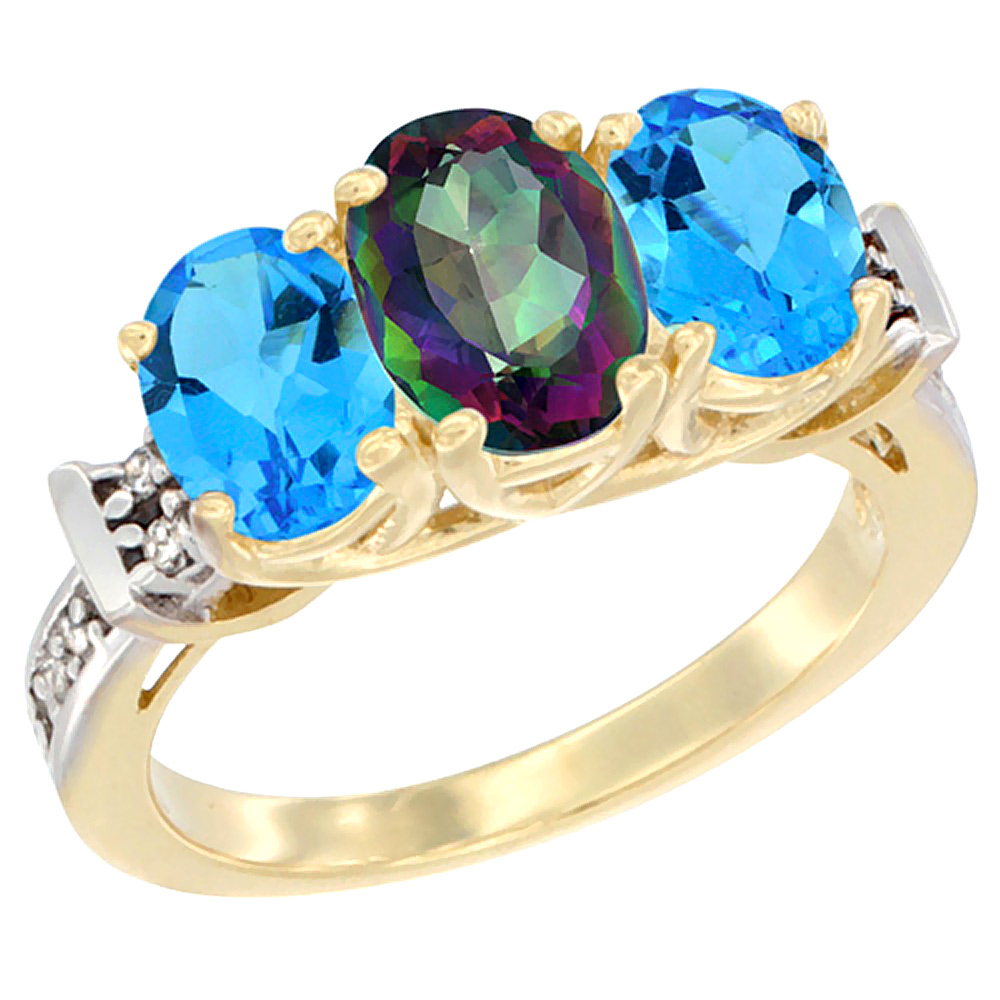 10K Yellow Gold Natural Mystic Topaz & Swiss Blue Topaz Sides Ring 3-Stone Oval Diamond Accent, sizes 5 - 10