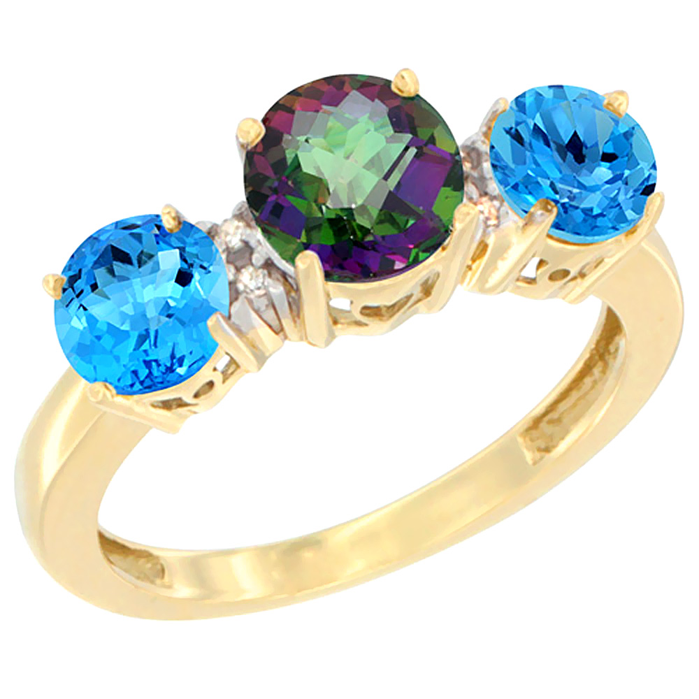 10K Yellow Gold Round 3-Stone Natural Mystic Topaz Ring &amp; Swiss Blue Topaz Sides Diamond Accent, sizes 5 - 10