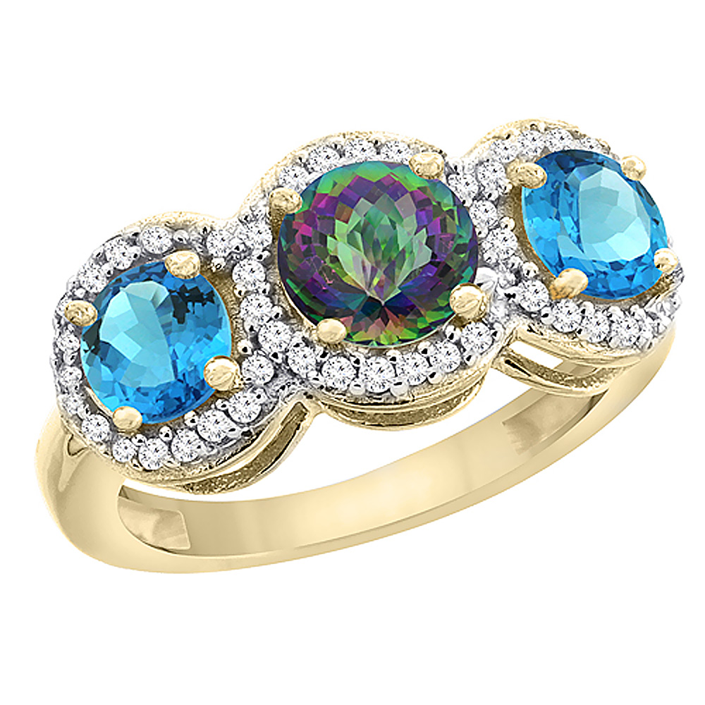 14K Yellow Gold Natural Mystic Topaz &amp; Swiss Blue Topaz Sides Round 3-stone Ring Diamond Accents, sizes 5 - 10