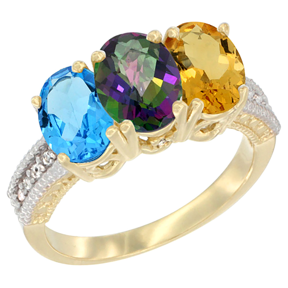 14K Yellow Gold Natural Swiss Blue Topaz, Mystic Topaz &amp; Citrine Ring 3-Stone 7x5 mm Oval Diamond Accent, sizes 5 - 10