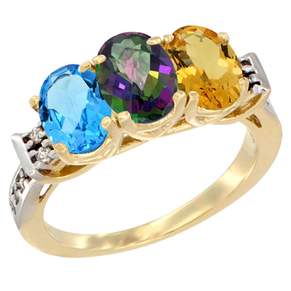 10K Yellow Gold Natural Swiss Blue Topaz, Mystic Topaz & Citrine Ring 3-Stone Oval 7x5 mm Diamond Accent, sizes 5 - 10