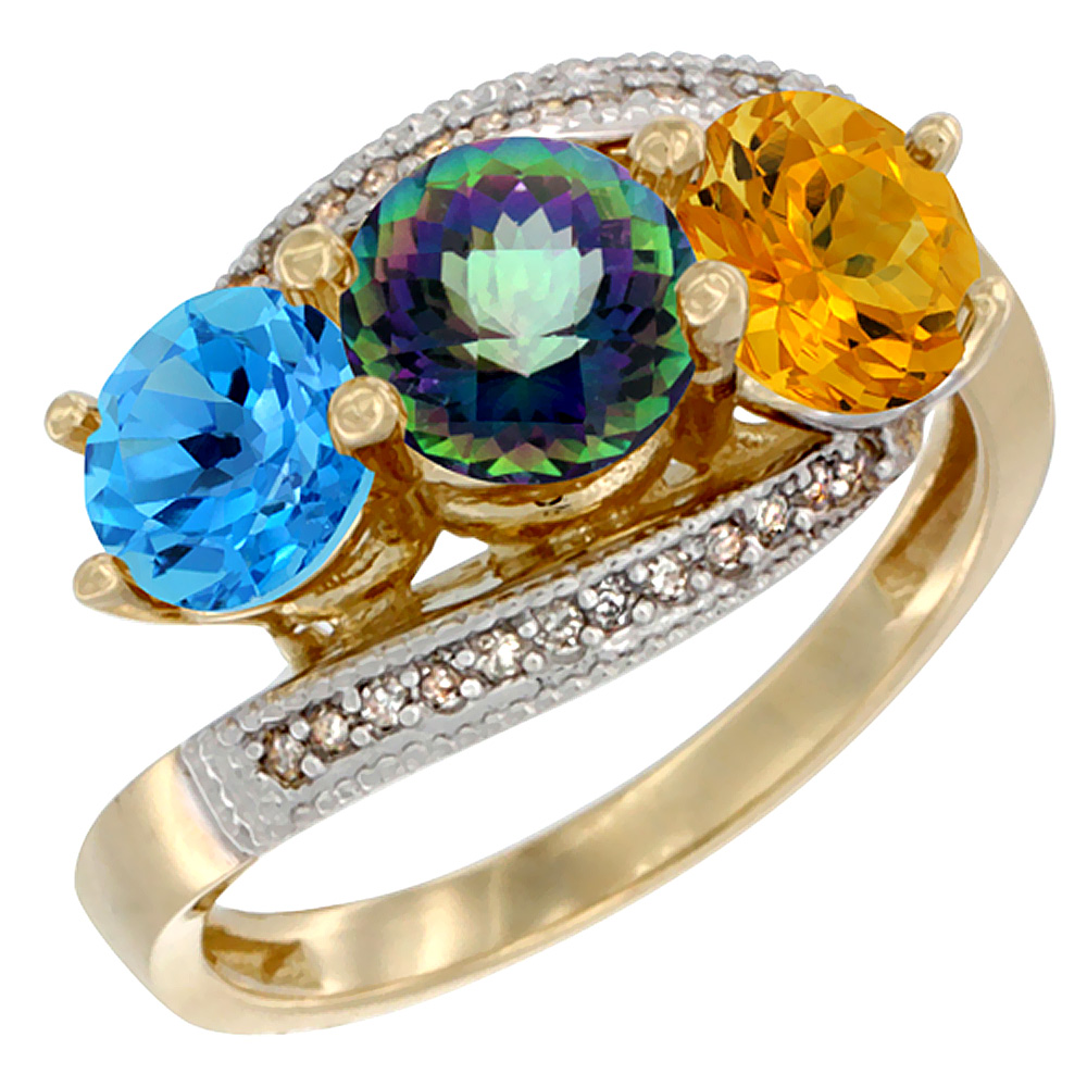 10K Yellow Gold Natural Swiss Blue Topaz, Mystic Topaz & Citrine 3 stone Ring Round 6mm Diamond Accent, sizes 5 - 10