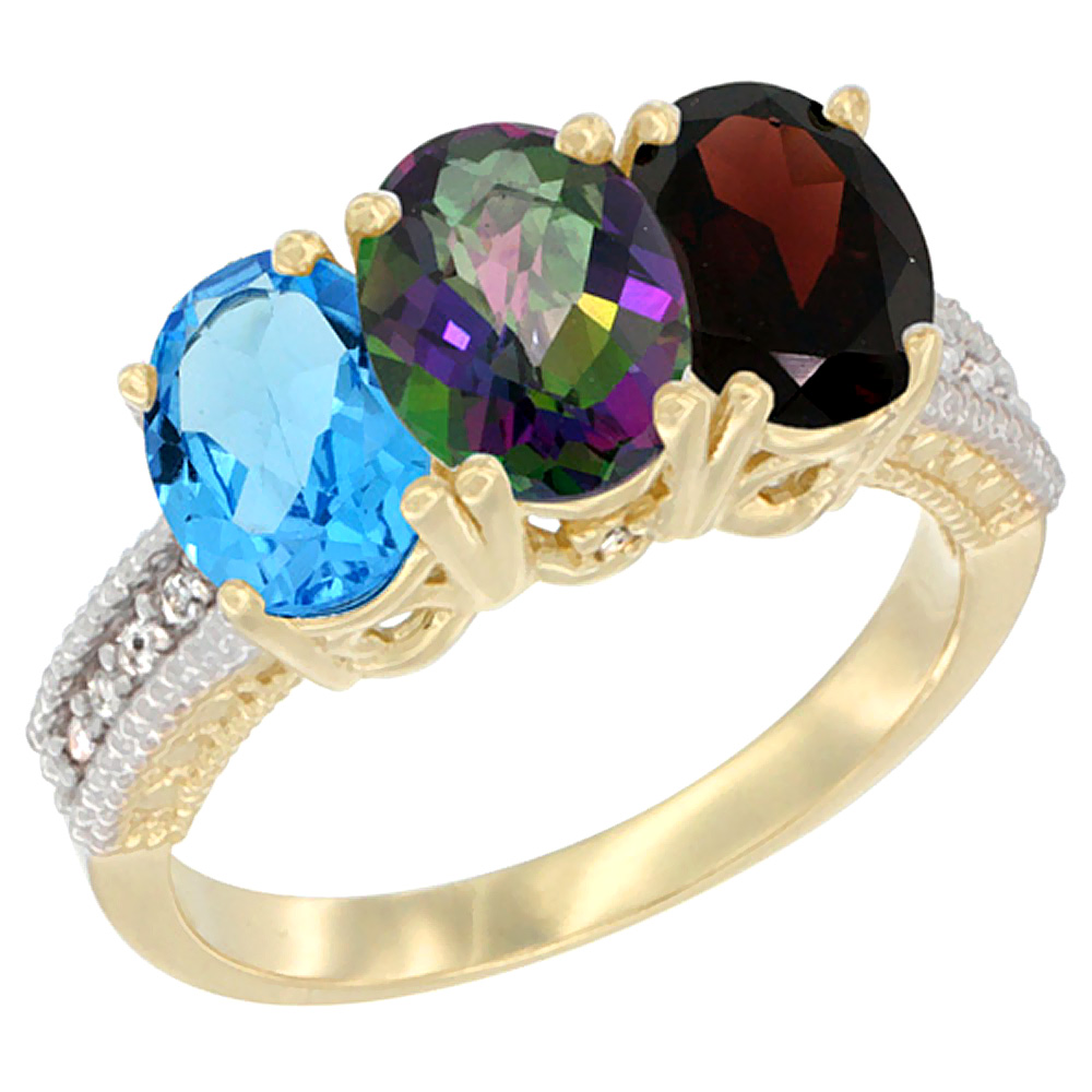 14K Yellow Gold Natural Swiss Blue Topaz, Mystic Topaz &amp; Garnet Ring 3-Stone 7x5 mm Oval Diamond Accent, sizes 5 - 10