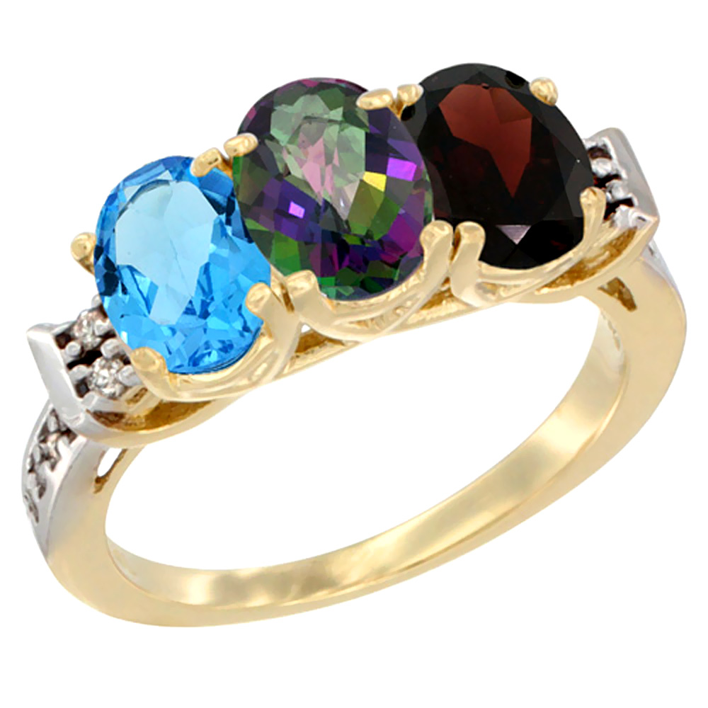 14K Yellow Gold Natural Swiss Blue Topaz, Mystic Topaz & Garnet Ring 3-Stone 7x5 mm Oval Diamond Accent, sizes 5 - 10