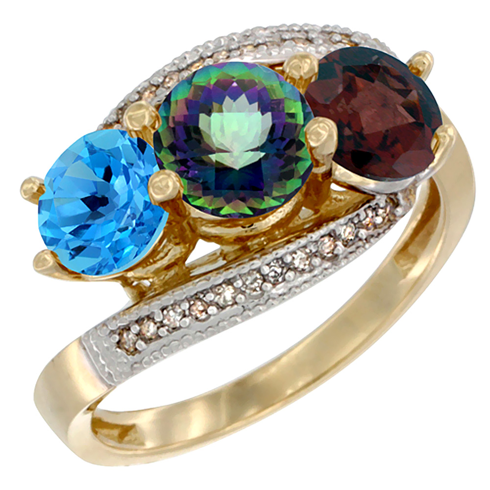 10K Yellow Gold Natural Swiss Blue Topaz, Mystic Topaz & Garnet 3 stone Ring Round 6mm Diamond Accent, sizes 5 - 10