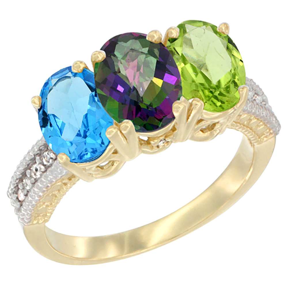 14K Yellow Gold Natural Swiss Blue Topaz, Mystic Topaz & Peridot Ring 3-Stone 7x5 mm Oval Diamond Accent, sizes 5 - 10