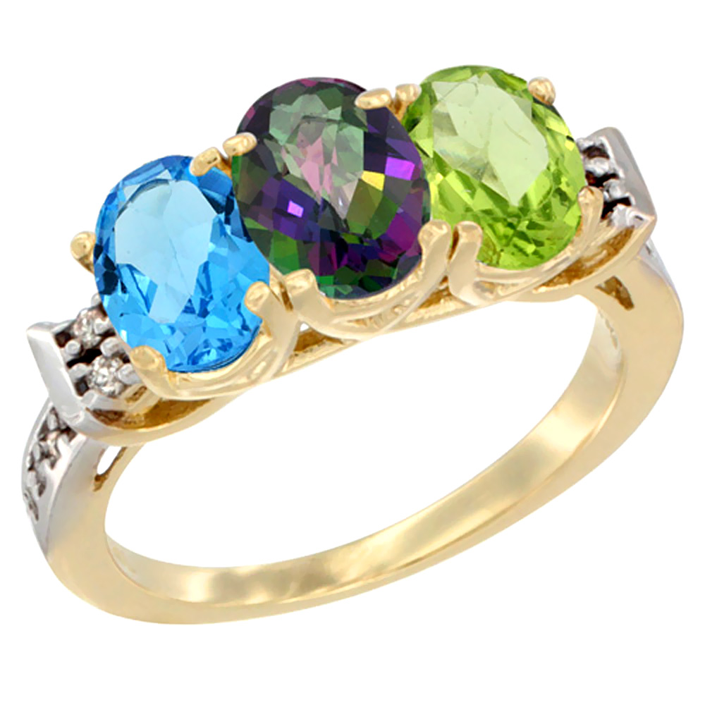 14K Yellow Gold Natural Swiss Blue Topaz, Mystic Topaz &amp; Peridot Ring 3-Stone 7x5 mm Oval Diamond Accent, sizes 5 - 10