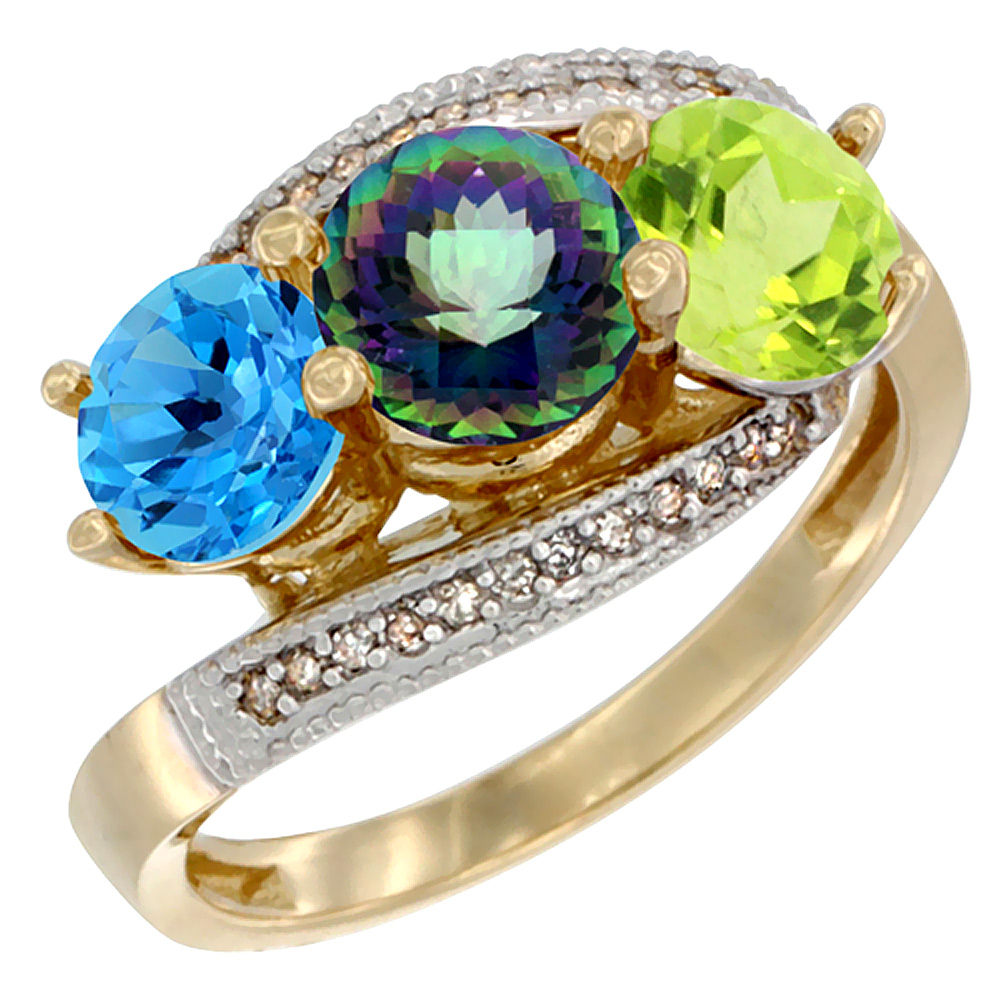 10K Yellow Gold Natural Swiss Blue Topaz, Mystic Topaz & Peridot 3 stone Ring Round 6mm Diamond Accent, sizes 5 - 10