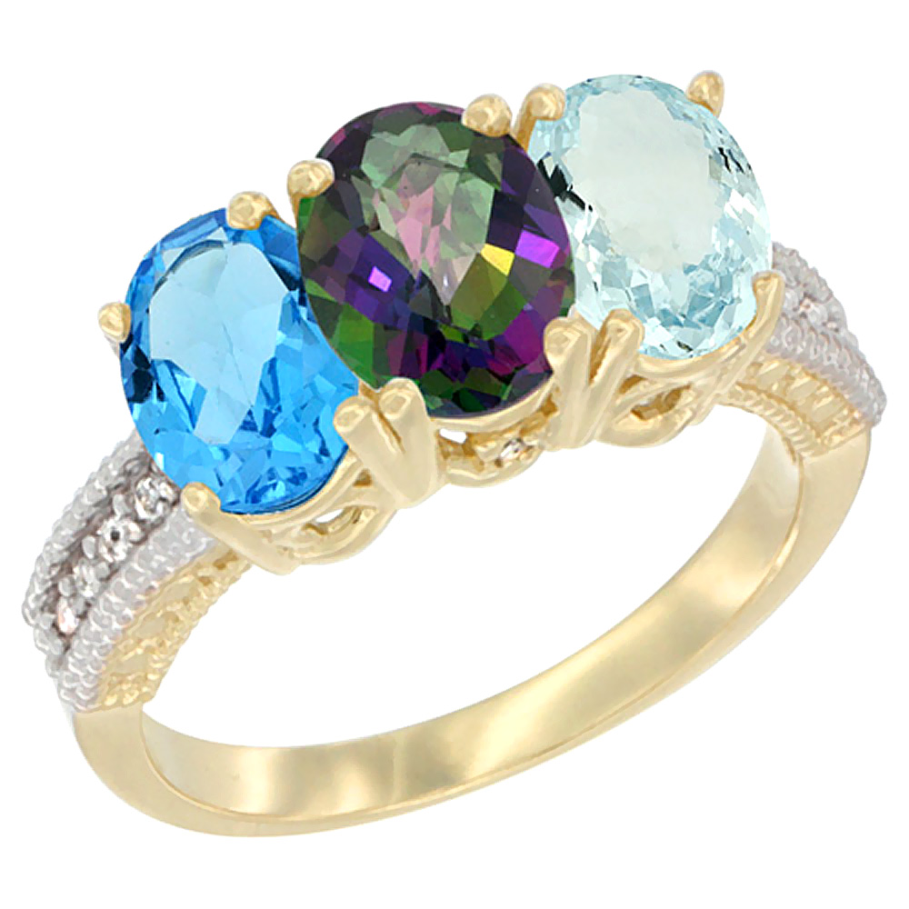 10K Yellow Gold Diamond Natural Swiss Blue Topaz, Mystic Topaz & Aquamarine Ring 3-Stone Oval 7x5 mm, sizes 5 - 10