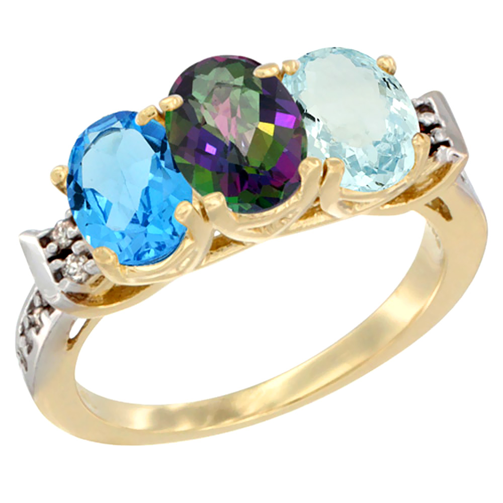 14K Yellow Gold Natural Swiss Blue Topaz, Mystic Topaz & Aquamarine Ring 3-Stone 7x5 mm Oval Diamond Accent, sizes 5 - 10