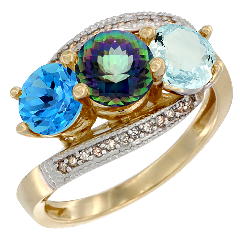 14K Yellow Gold Natural Swiss Blue Topaz, Mystic Topaz &amp; Aquamarine 3 stone Ring Round 6mm Diamond Accent, sizes 5 - 10