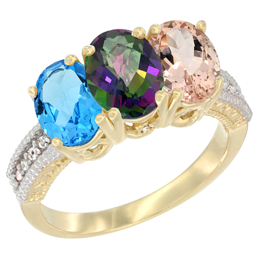 14K Yellow Gold Natural Swiss Blue Topaz, Mystic Topaz & Morganite Ring 3-Stone 7x5 mm Oval Diamond Accent, sizes 5 - 10