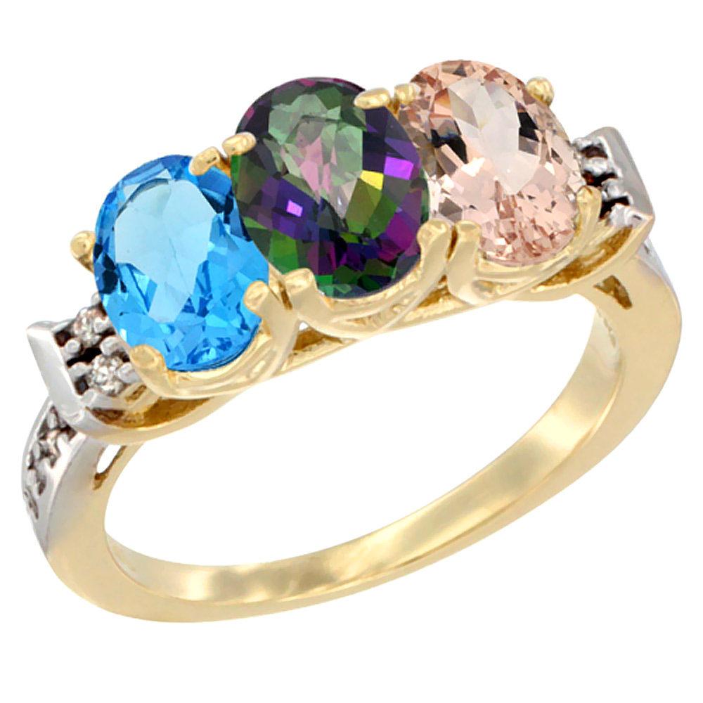 10K Yellow Gold Natural Swiss Blue Topaz, Mystic Topaz & Morganite Ring 3-Stone Oval 7x5 mm Diamond Accent, sizes 5 - 10