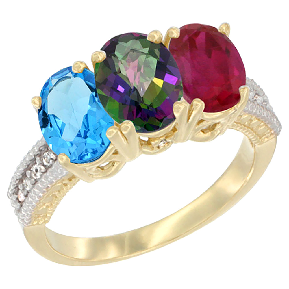 10K Yellow Gold Diamond Natural Swiss Blue Topaz, Mystic Topaz & Enhanced Ruby Ring 3-Stone Oval 7x5 mm, sizes 5 - 10