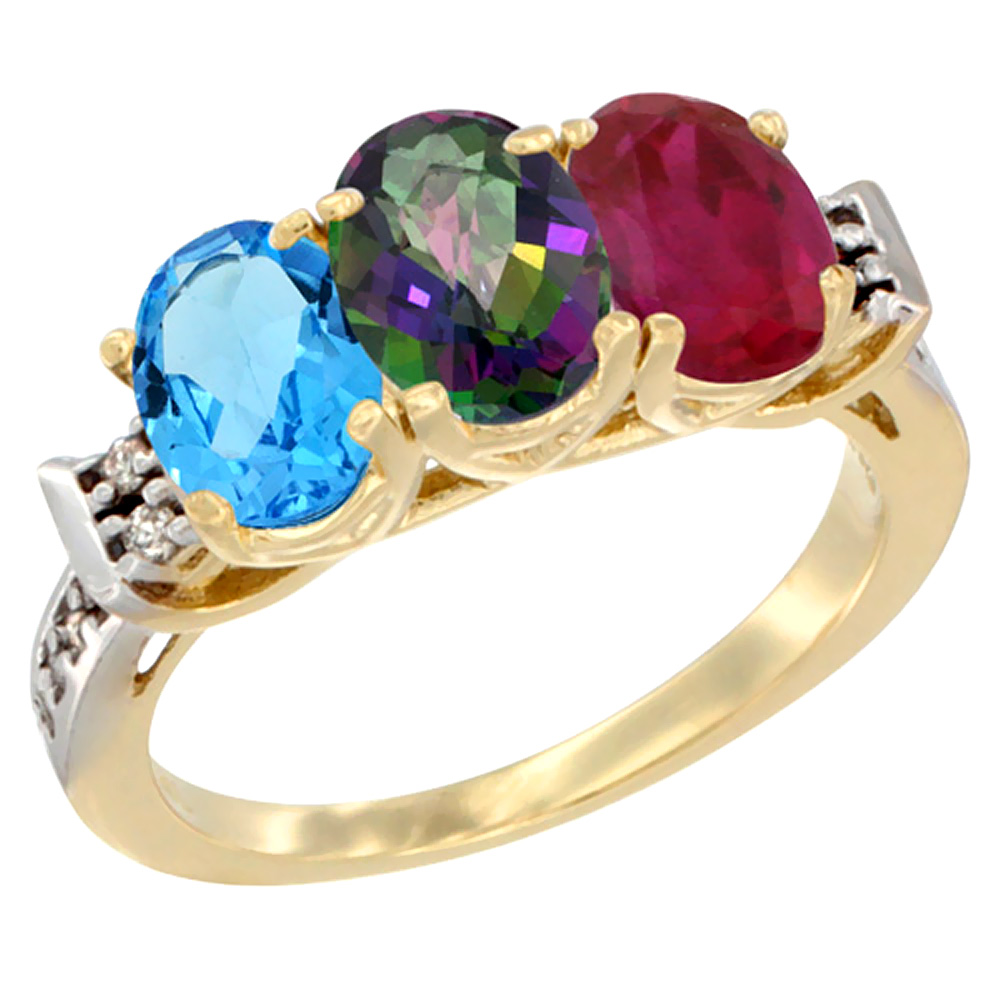 10K Yellow Gold Natural Swiss Blue Topaz, Mystic Topaz & Enhanced Ruby Ring 3-Stone Oval 7x5 mm Diamond Accent, sizes 5 - 10