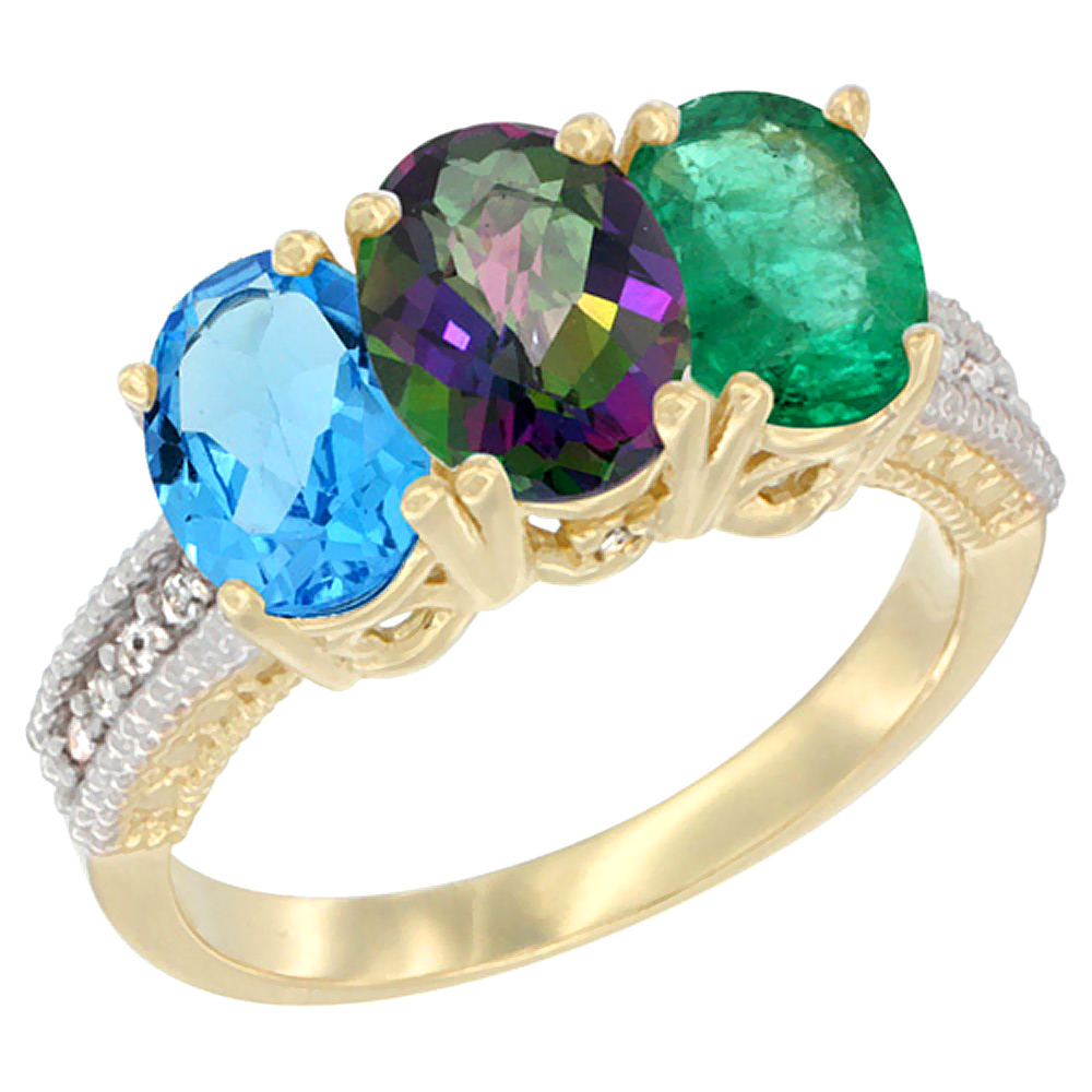 14K Yellow Gold Natural Swiss Blue Topaz, Mystic Topaz & Emerald Ring 3-Stone 7x5 mm Oval Diamond Accent, sizes 5 - 10