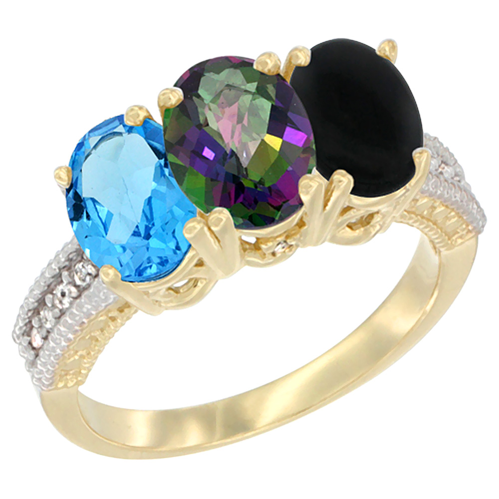14K Yellow Gold Natural Swiss Blue Topaz, Mystic Topaz & Black Onyx Ring 3-Stone 7x5 mm Oval Diamond Accent, sizes 5 - 10