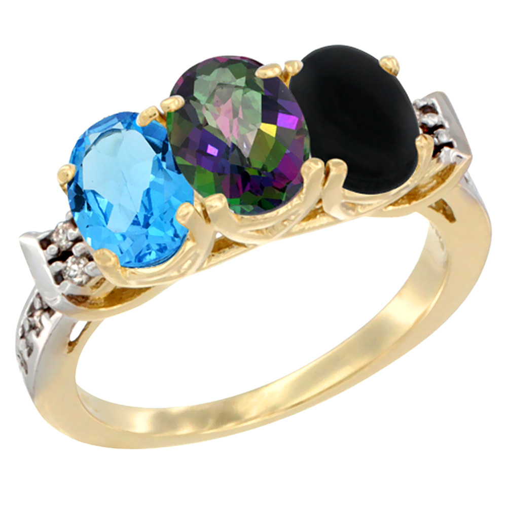 14K Yellow Gold Natural Swiss Blue Topaz, Mystic Topaz & Black Onyx Ring 3-Stone 7x5 mm Oval Diamond Accent, sizes 5 - 10