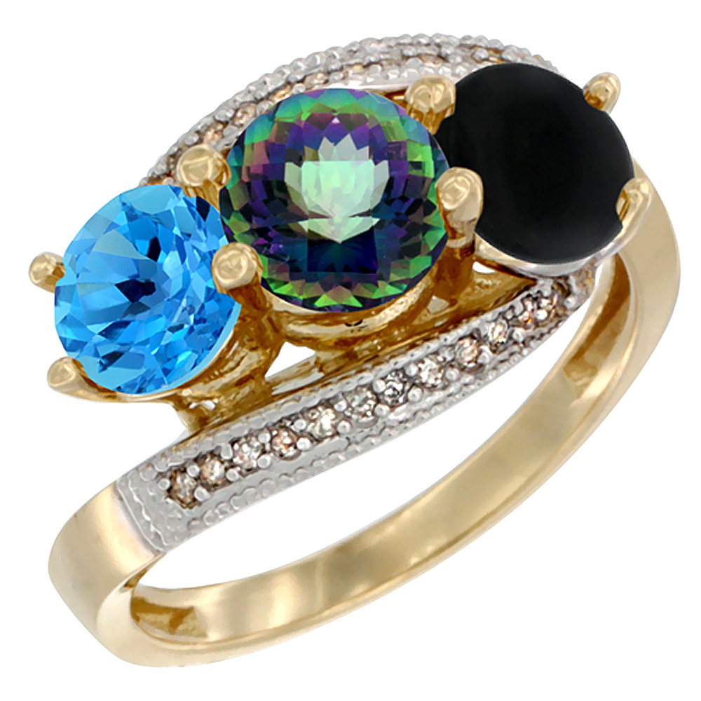 14K Yellow Gold Natural Swiss Blue Topaz, Mystic Topaz & Black Onyx 3 stone Ring Round 6mm Diamond Accent, sizes 5 - 10