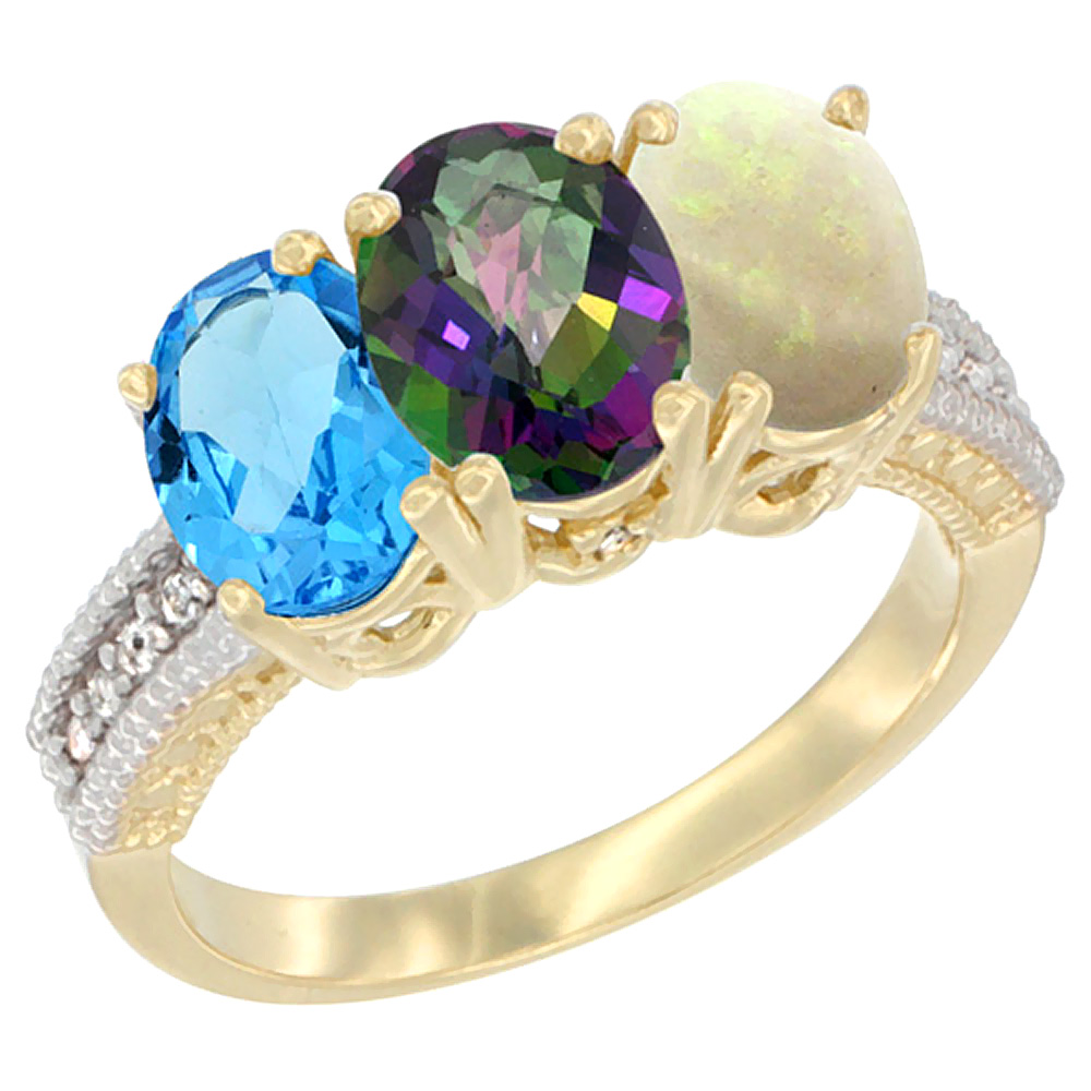 14K Yellow Gold Natural Swiss Blue Topaz, Mystic Topaz & Opal Ring 3-Stone 7x5 mm Oval Diamond Accent, sizes 5 - 10