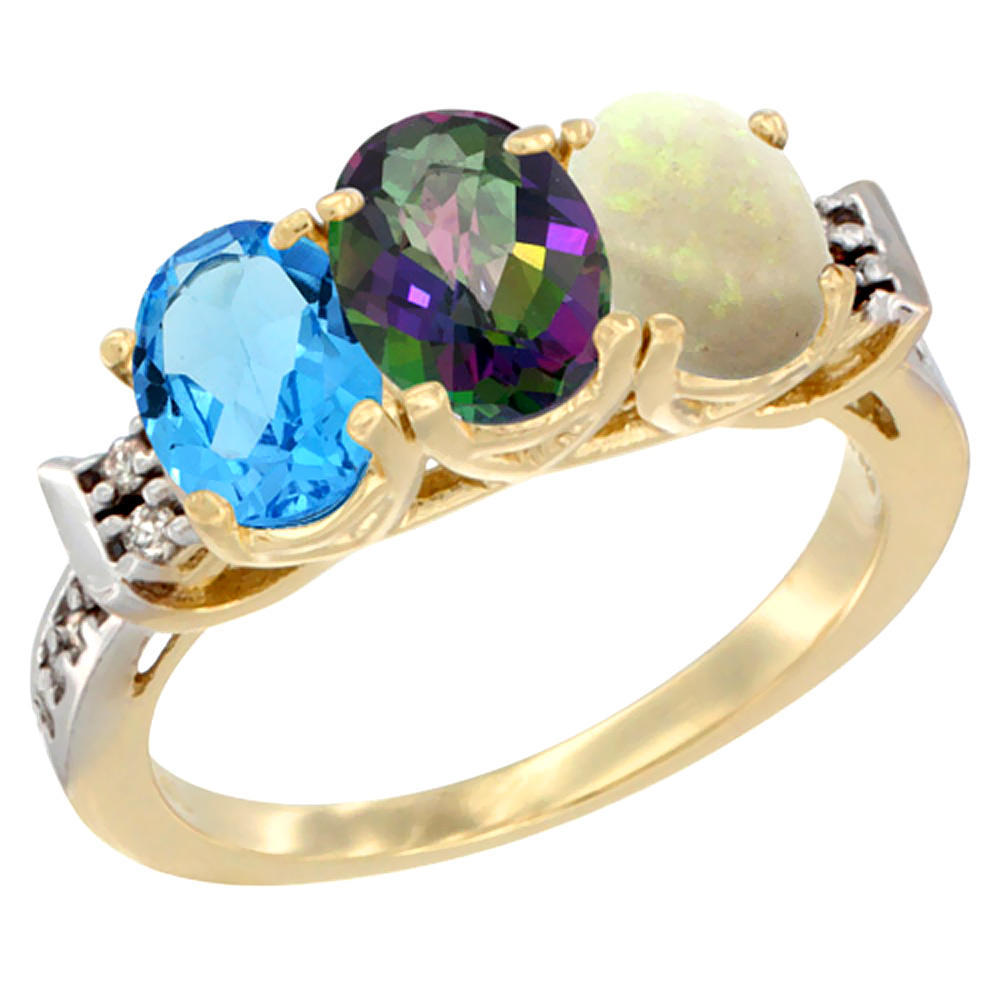 10K Yellow Gold Natural Swiss Blue Topaz, Mystic Topaz & Opal Ring 3-Stone Oval 7x5 mm Diamond Accent, sizes 5 - 10