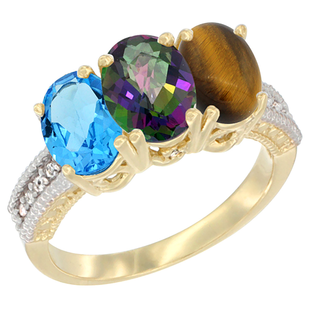 14K Yellow Gold Natural Swiss Blue Topaz, Mystic Topaz & Tiger Eye Ring 3-Stone 7x5 mm Oval Diamond Accent, sizes 5 - 10