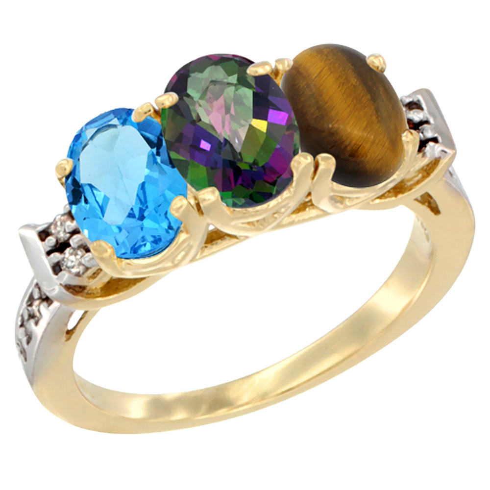 10K Yellow Gold Natural Swiss Blue Topaz, Mystic Topaz & Tiger Eye Ring 3-Stone Oval 7x5 mm Diamond Accent, sizes 5 - 10