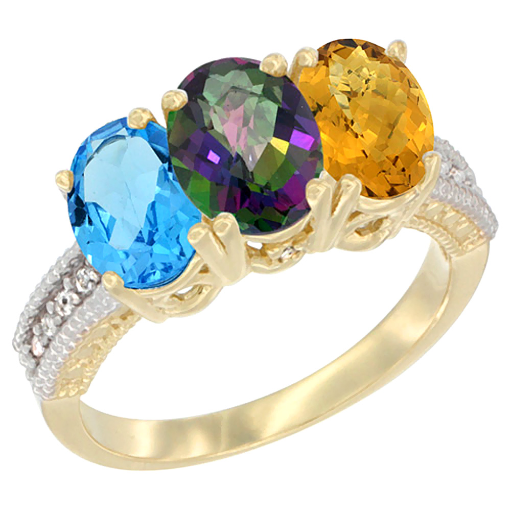 10K Yellow Gold Diamond Natural Swiss Blue Topaz, Mystic Topaz & Whisky Quartz Ring 3-Stone Oval 7x5 mm, sizes 5 - 10