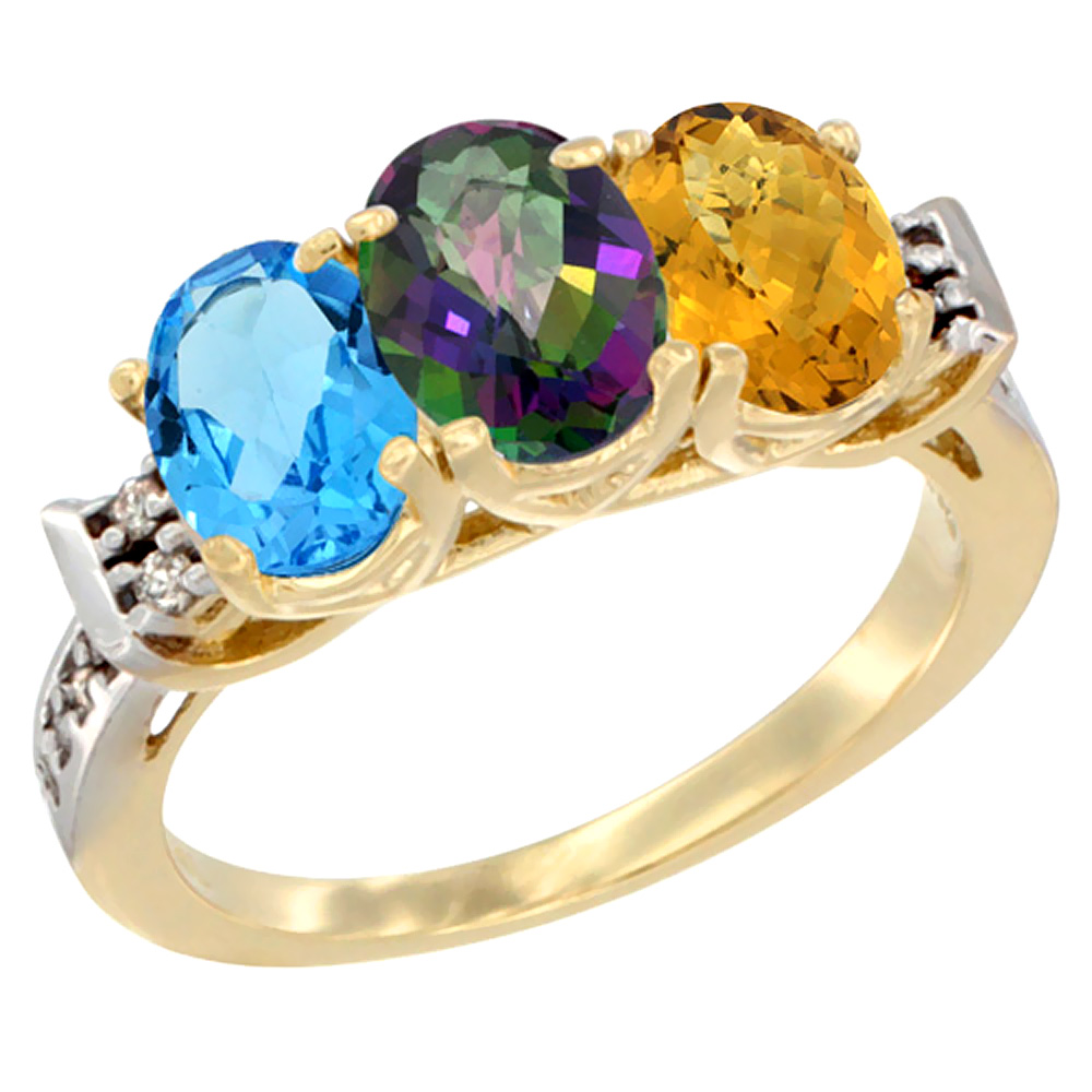 10K Yellow Gold Natural Swiss Blue Topaz, Mystic Topaz & Whisky Quartz Ring 3-Stone Oval 7x5 mm Diamond Accent, sizes 5 - 10