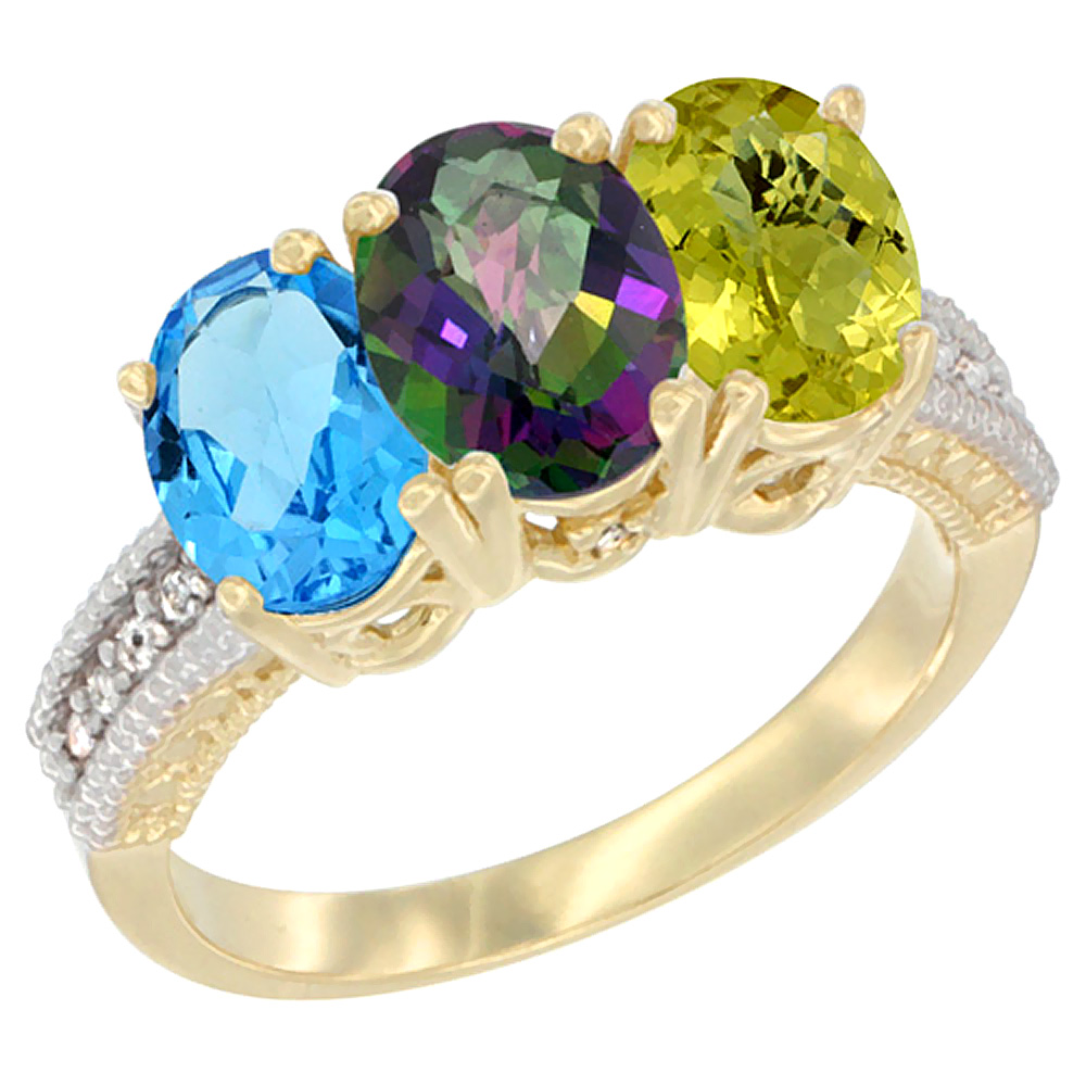 14K Yellow Gold Natural Swiss Blue Topaz, Mystic Topaz & Lemon Quartz Ring 3-Stone 7x5 mm Oval Diamond Accent, sizes 5 - 10