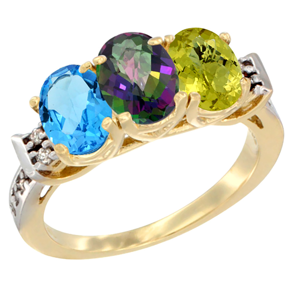 10K Yellow Gold Natural Swiss Blue Topaz, Mystic Topaz & Lemon Quartz Ring 3-Stone Oval 7x5 mm Diamond Accent, sizes 5 - 10