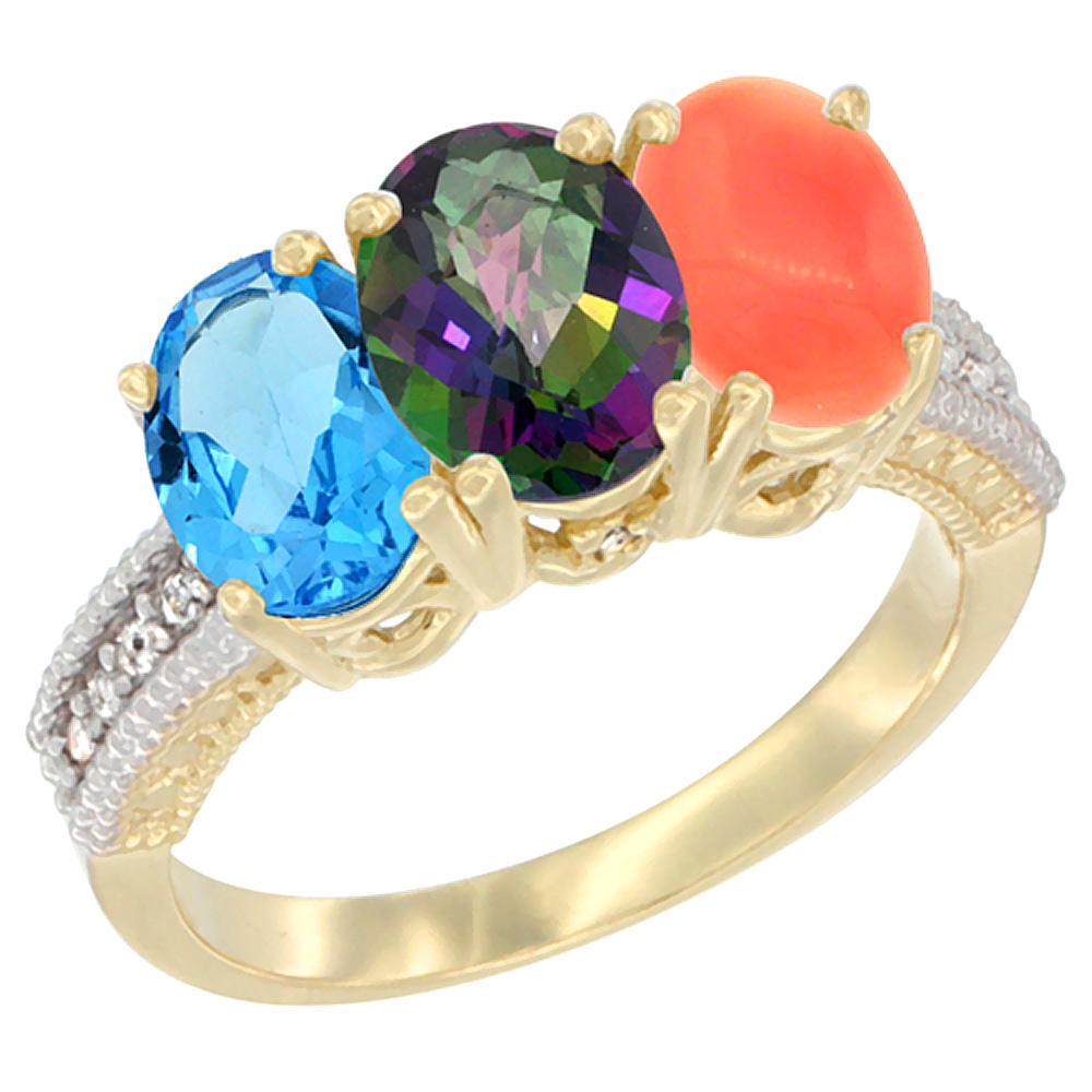 10K Yellow Gold Diamond Natural Swiss Blue Topaz, Mystic Topaz & Coral Ring 3-Stone Oval 7x5 mm, sizes 5 - 10