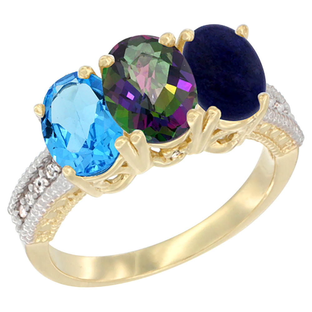 14K Yellow Gold Natural Swiss Blue Topaz, Mystic Topaz &amp; Lapis Ring 3-Stone 7x5 mm Oval Diamond Accent, sizes 5 - 10