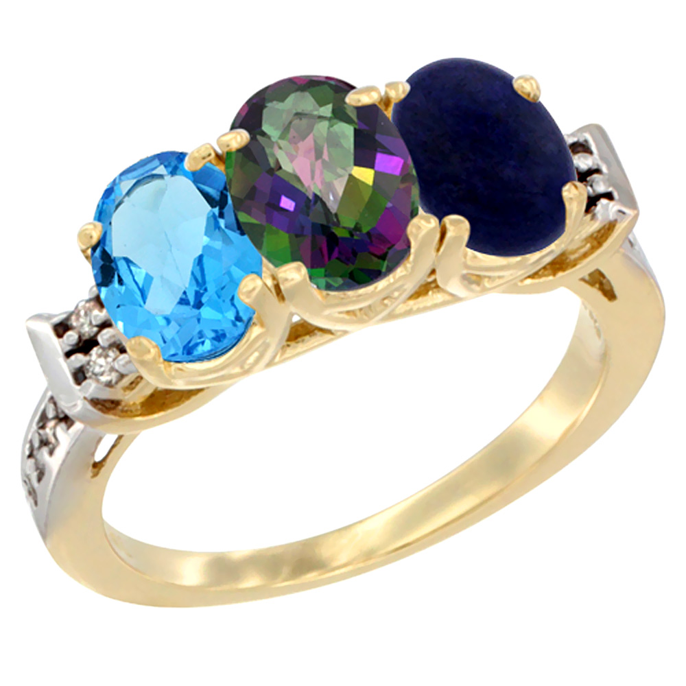 10K Yellow Gold Natural Swiss Blue Topaz, Mystic Topaz & Lapis Ring 3-Stone Oval 7x5 mm Diamond Accent, sizes 5 - 10