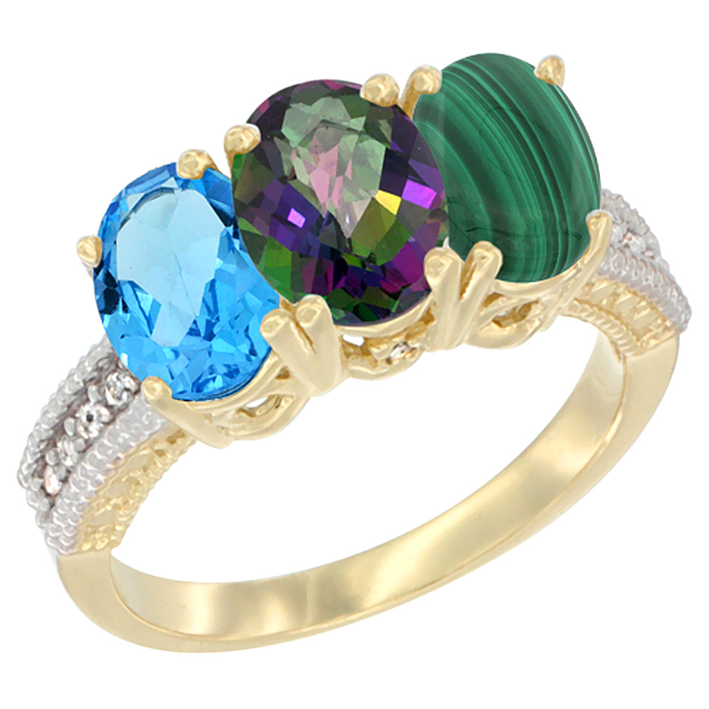 14K Yellow Gold Natural Swiss Blue Topaz, Mystic Topaz & Malachite Ring 3-Stone 7x5 mm Oval Diamond Accent, sizes 5 - 10