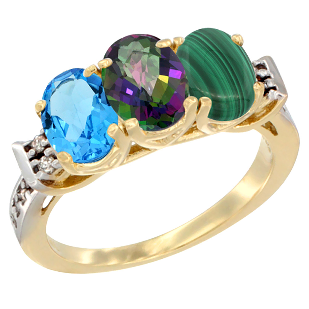 10K Yellow Gold Natural Swiss Blue Topaz, Mystic Topaz &amp; Malachite Ring 3-Stone Oval 7x5 mm Diamond Accent, sizes 5 - 10