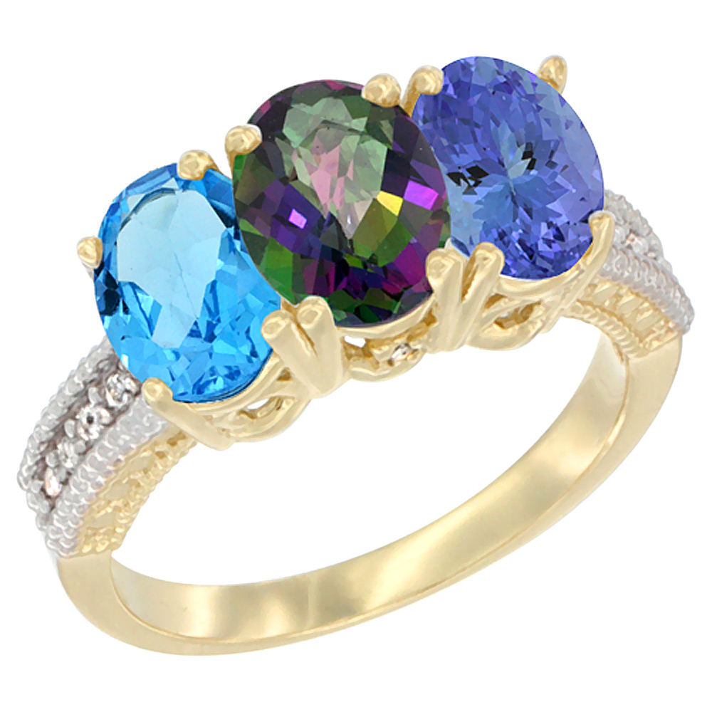 14K Yellow Gold Natural Swiss Blue Topaz, Mystic Topaz & Tanzanite Ring 3-Stone 7x5 mm Oval Diamond Accent, sizes 5 - 10