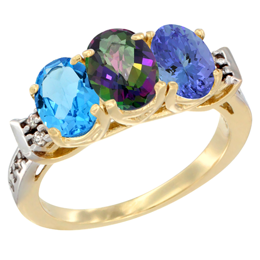 10K Yellow Gold Natural Swiss Blue Topaz, Mystic Topaz & Tanzanite Ring 3-Stone Oval 7x5 mm Diamond Accent, sizes 5 - 10