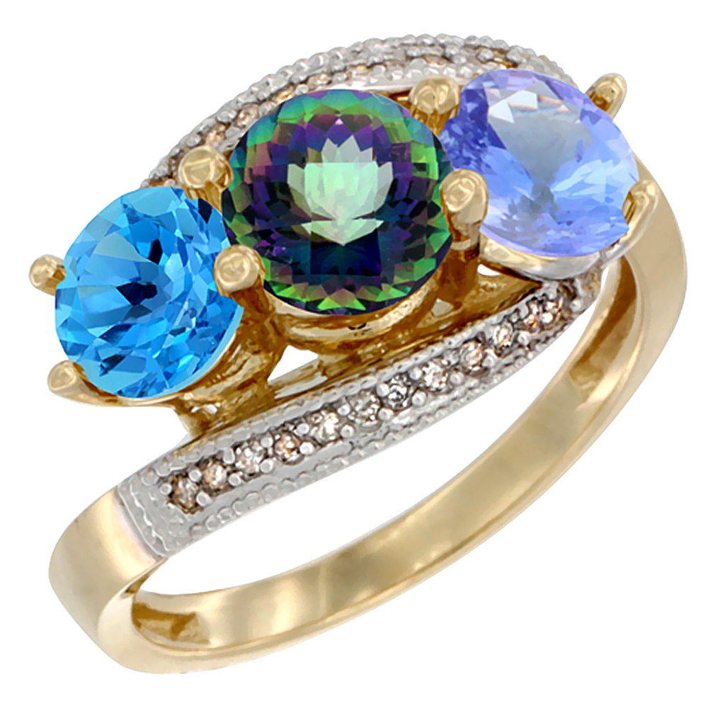 10K Yellow Gold Natural Swiss Blue Topaz, Mystic Topaz & Tanzanite 3 stone Ring Round 6mm Diamond Accent, sizes 5 - 10