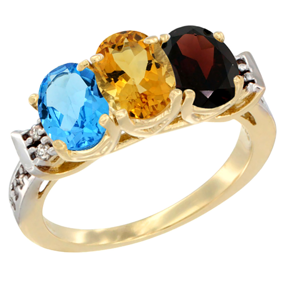 10K Yellow Gold Natural Swiss Blue Topaz, Citrine & Garnet Ring 3-Stone Oval 7x5 mm Diamond Accent, sizes 5 - 10