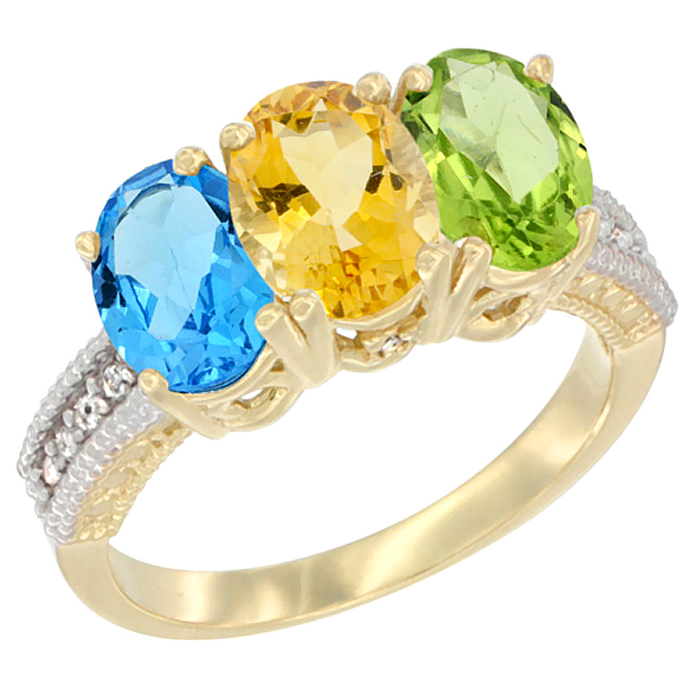 10K Yellow Gold Diamond Natural Swiss Blue Topaz, Citrine & Peridot Ring 3-Stone Oval 7x5 mm, sizes 5 - 10