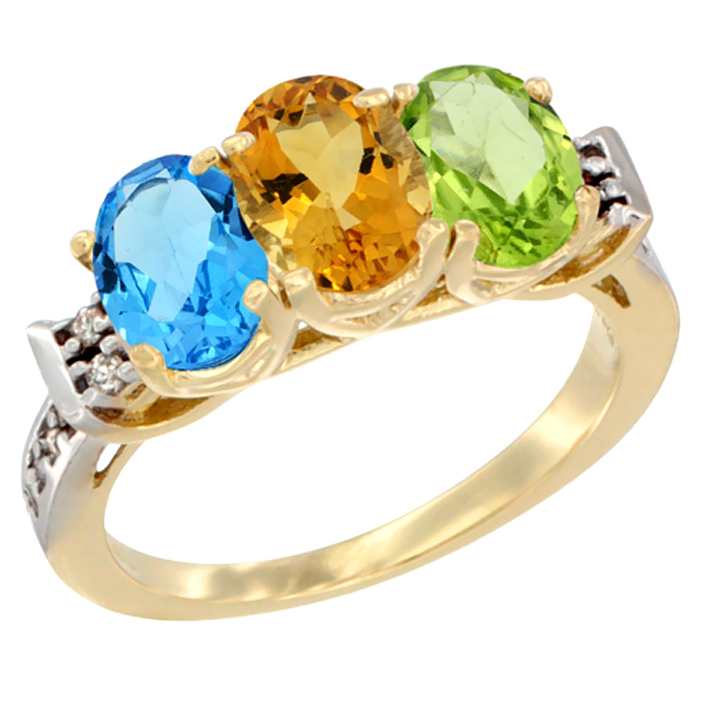 14K Yellow Gold Natural Swiss Blue Topaz, Citrine & Peridot Ring 3-Stone 7x5 mm Oval Diamond Accent, sizes 5 - 10