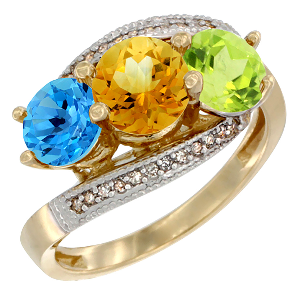 14K Yellow Gold Natural Swiss Blue Topaz, Citrine &amp; Peridot 3 stone Ring Round 6mm Diamond Accent, sizes 5 - 10