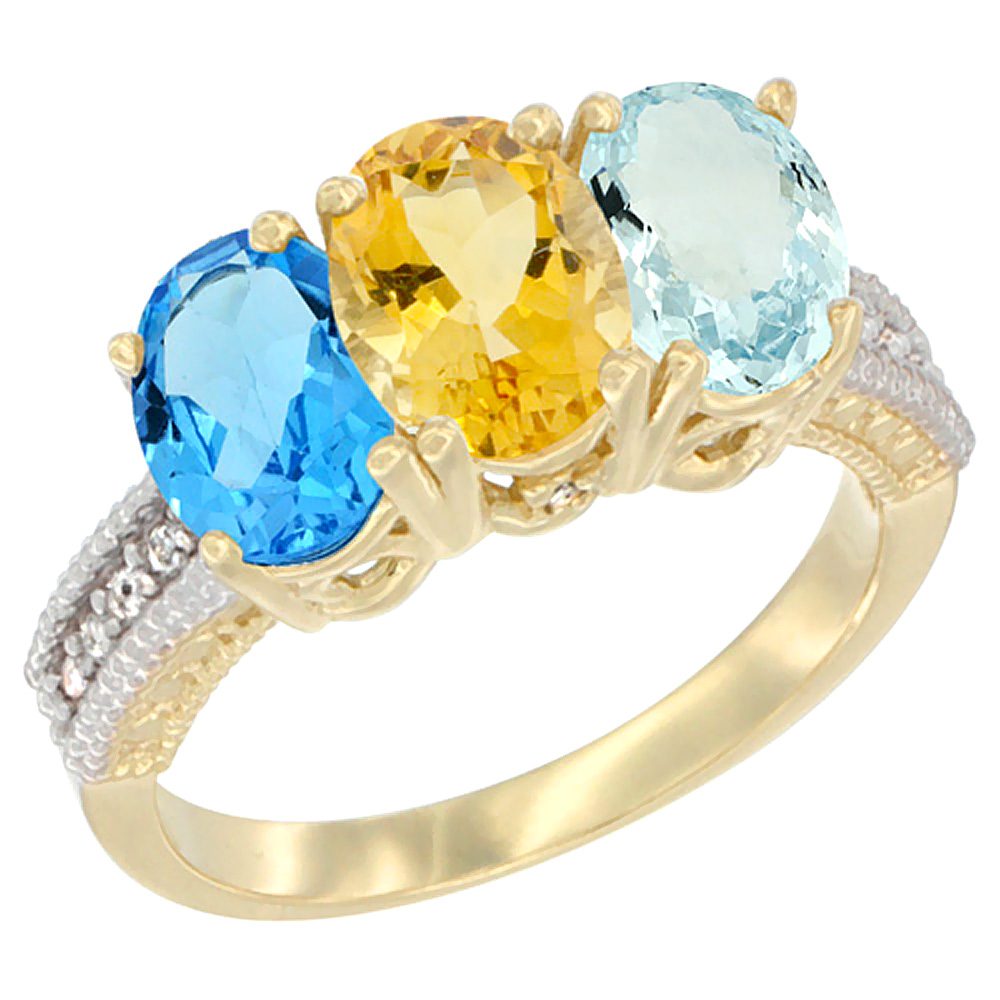 14K Yellow Gold Natural Swiss Blue Topaz, Citrine & Aquamarine Ring 3-Stone 7x5 mm Oval Diamond Accent, sizes 5 - 10