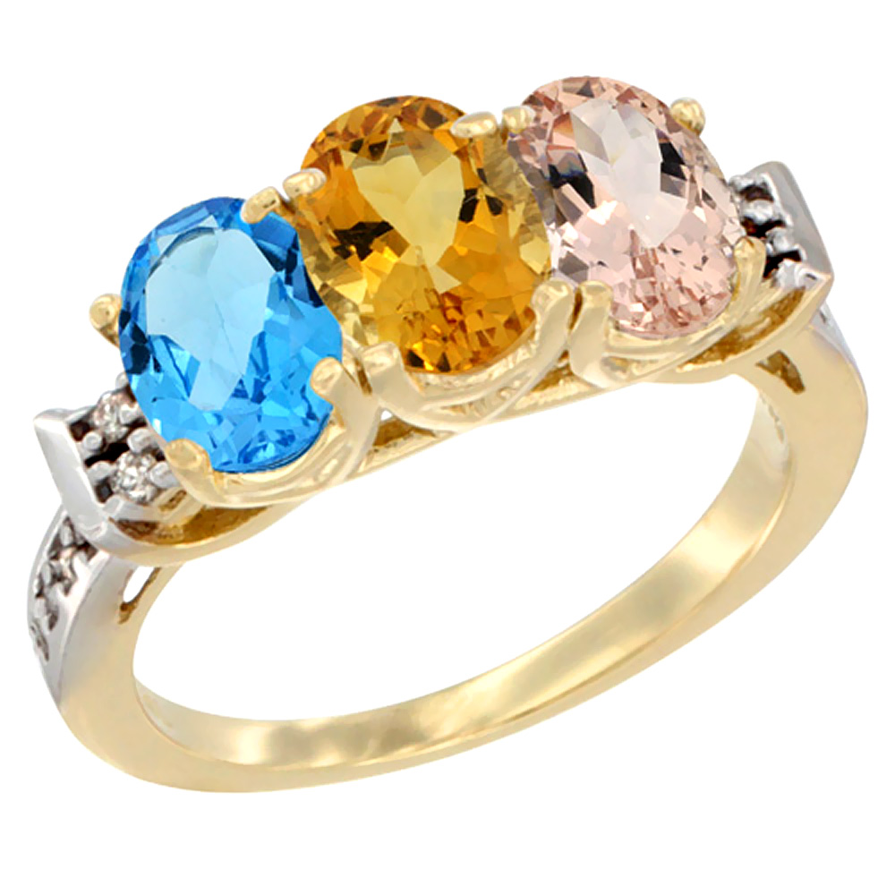 14K Yellow Gold Natural Swiss Blue Topaz, Citrine &amp; Morganite Ring 3-Stone 7x5 mm Oval Diamond Accent, sizes 5 - 10