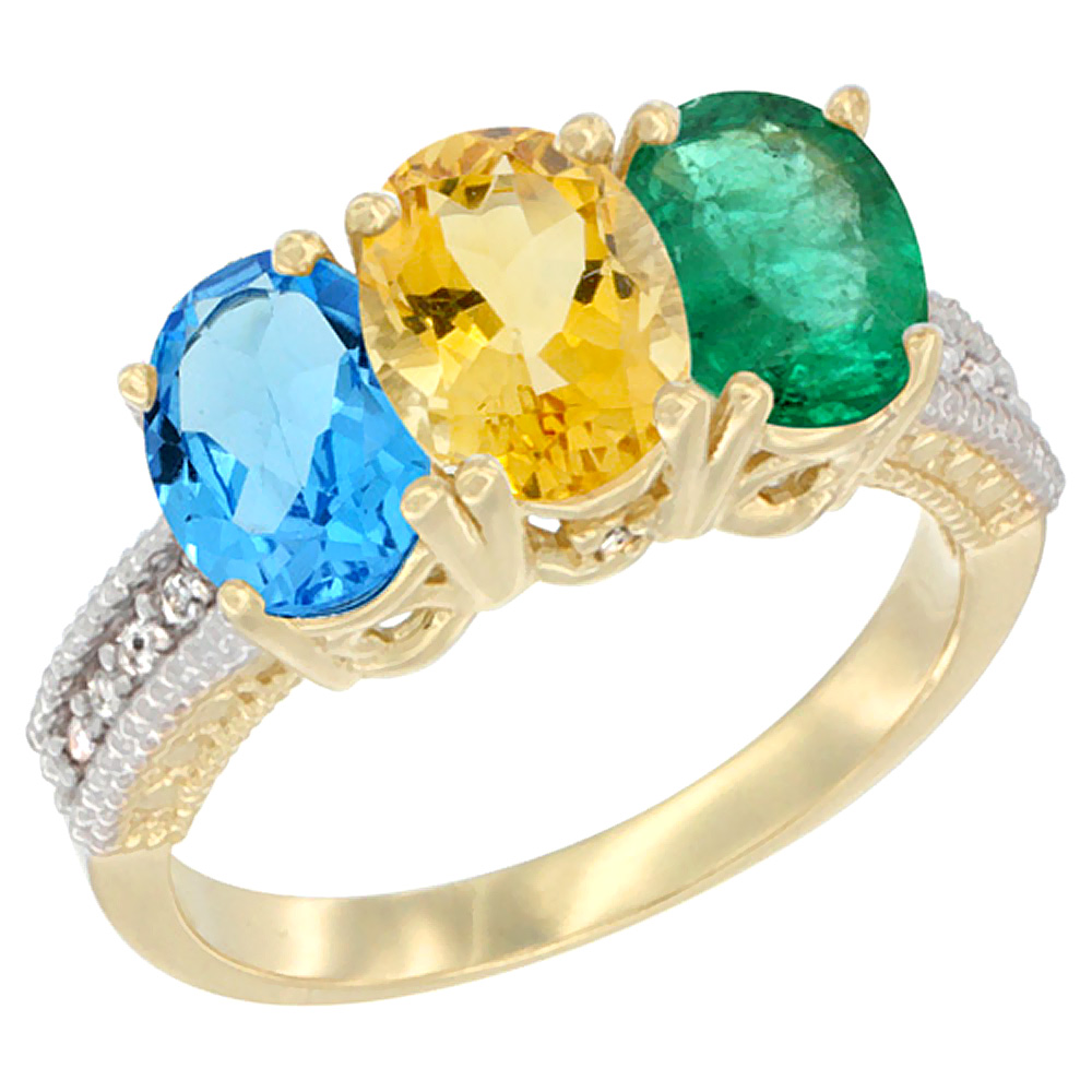 14K Yellow Gold Natural Swiss Blue Topaz, Citrine & Emerald Ring 3-Stone 7x5 mm Oval Diamond Accent, sizes 5 - 10