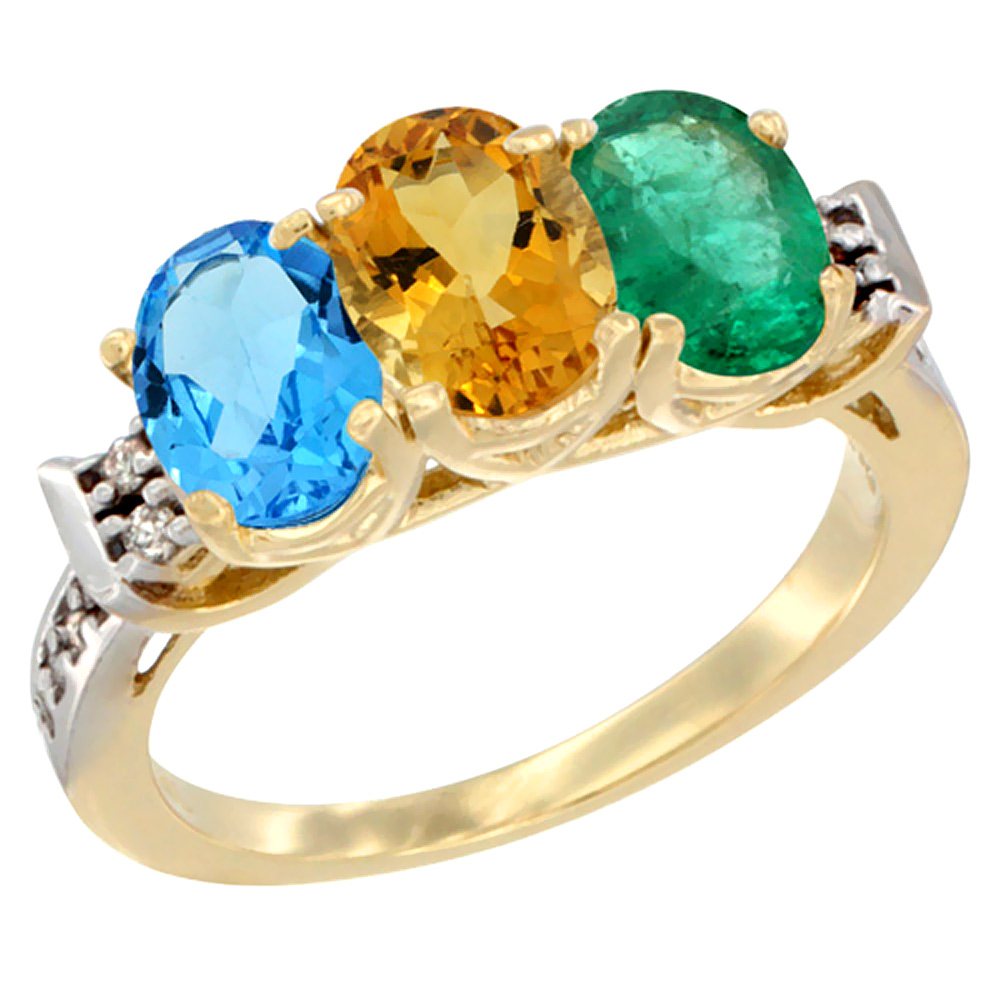 14K Yellow Gold Natural Swiss Blue Topaz, Citrine &amp; Emerald Ring 3-Stone 7x5 mm Oval Diamond Accent, sizes 5 - 10