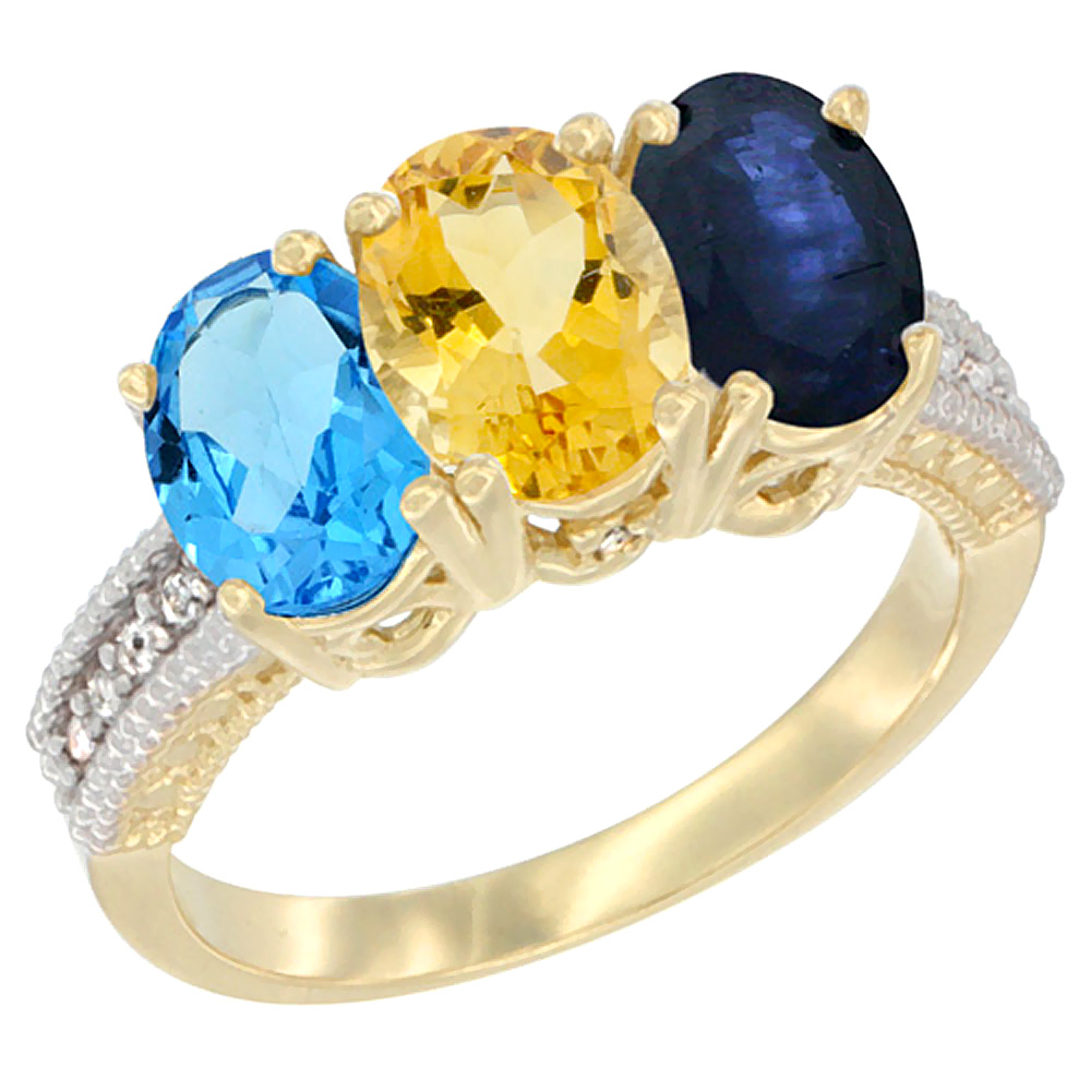 14K Yellow Gold Natural Swiss Blue Topaz, Citrine &amp; Blue Sapphire Ring 3-Stone 7x5 mm Oval Diamond Accent, sizes 5 - 10