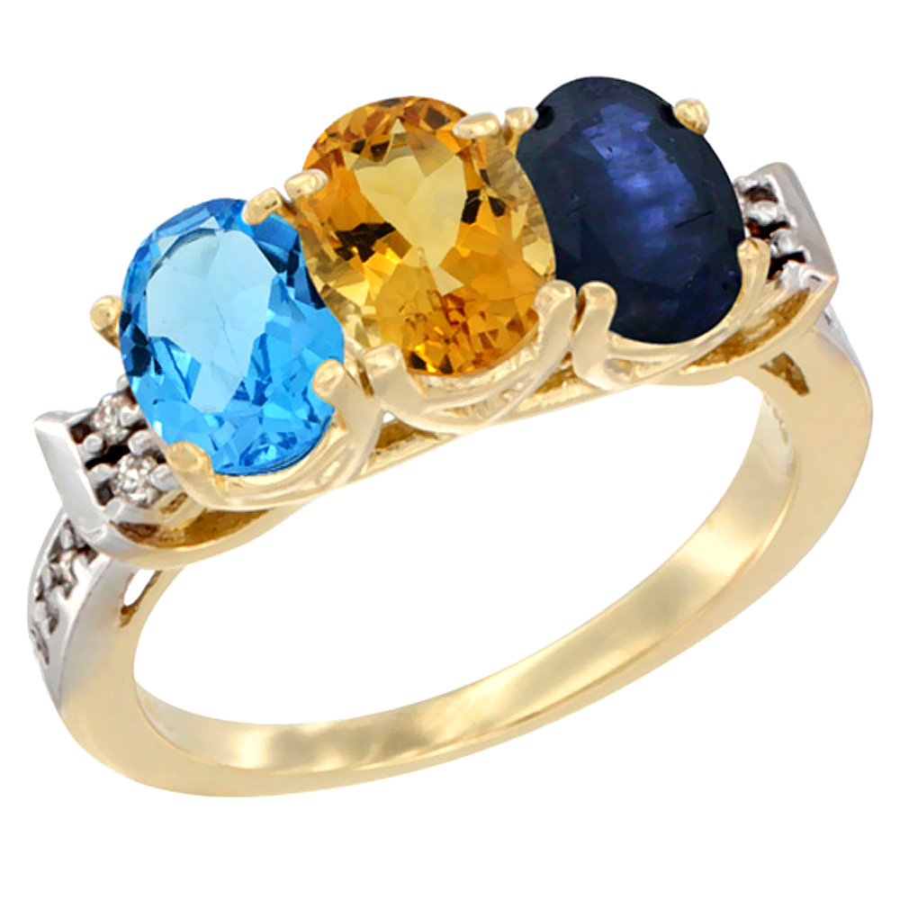 14K Yellow Gold Natural Swiss Blue Topaz, Citrine & Blue Sapphire Ring 3-Stone 7x5 mm Oval Diamond Accent, sizes 5 - 10